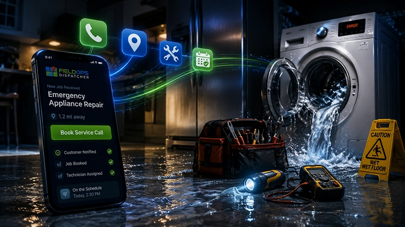 Appliance repair technician on the job — FieldOps AI answers calls while you work
