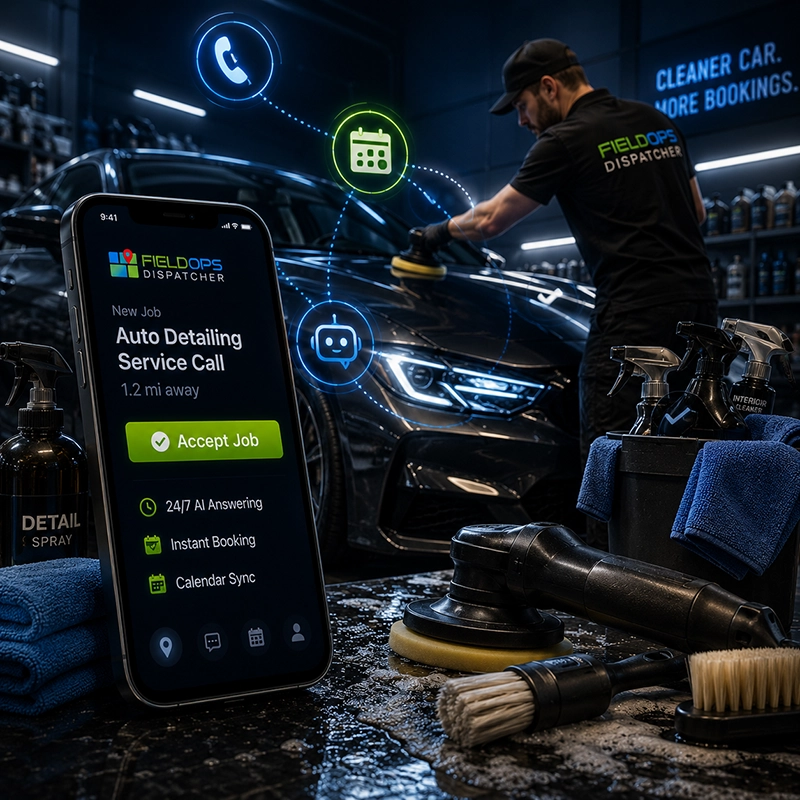 Auto detailer polishing a vehicle — FieldOps AI answers calls while you work