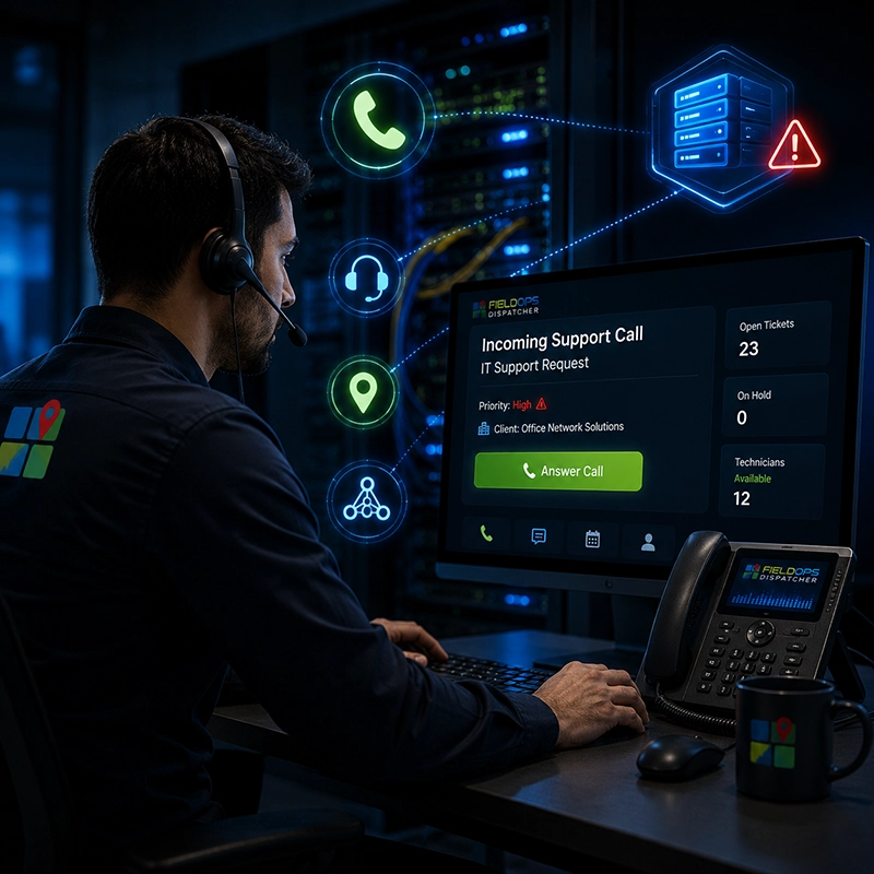 IT technician on-site — FieldOps AI answers support calls while you work