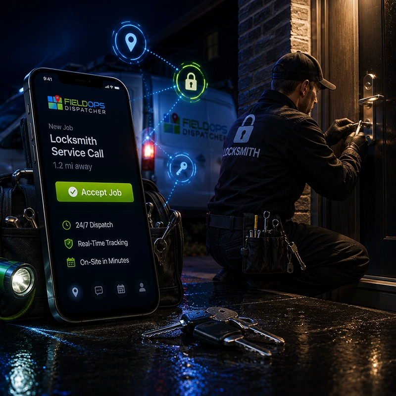 Locksmith responding to emergency lockout — FieldOps AI answers calls while you're on a job